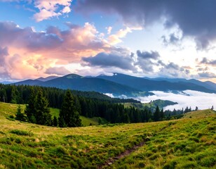 Majestic Mountain Meadow Sunrise Panorama.