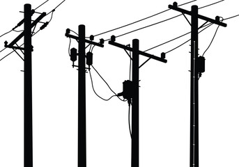 Silhouette utility poles, electricity distribution network, power line infrastructure, transformers and insulators, urban energy grid, electrical system, industrial skyline, interconnected network
