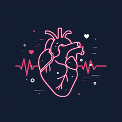 Glowing neon human heart illustration with a vibrant electrocardiogram pulse.