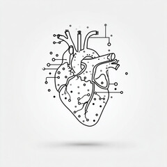 Technological human heart line art vector illustration.