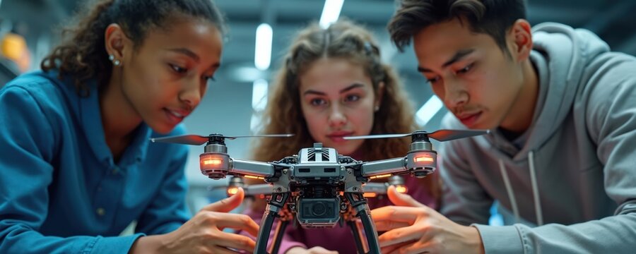Multiracial high school students construct drone in lab. Teenagers learn stem tech in school, assemble copter for future project. Classmates work together, studying engineering, robotics, mechanics