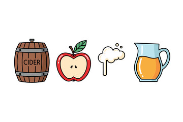 Cider production: wooden barrel, red apple, fermentation foam, glass pitcher. Colorful icons set illustrated