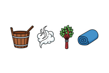 Sauna essentials: wooden bucket, steam, birch whisk, and rolled towel icons. Colorful icons set illustrated