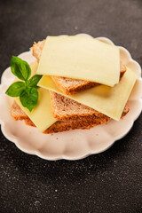 Sandwich cheese tasty snack fresh delicious gourmet food background on the table rustic top view copy space