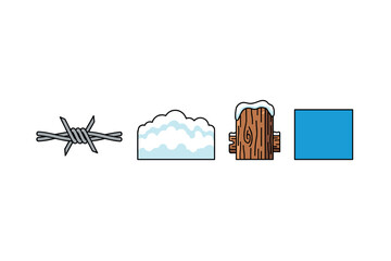 Barbed wire, cloud, wooden log, blue square - simple icons. Colorful icons set illustrated