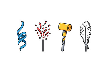 Colorful celebration icons: ribbon, firework, hammer, feather. Colorful icons set illustrated