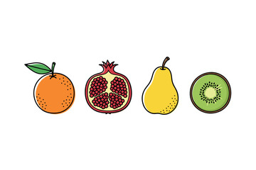 Vector illustration of orange, pomegranate, pear, kiwi. Colorful icons set illustrated