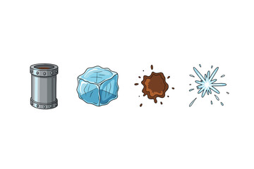 Cartoon elements: metal pipe, ice block, mud splash, shattered glass. Colorful icons set illustrated