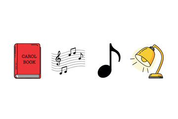 Music and reading symbols: carol book, notes, and lamp illustration. Colorful icons set illustrated