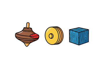 Colorful toys: wooden spinning top, yellow disk, blue textured cube. Colorful icons set illustrated