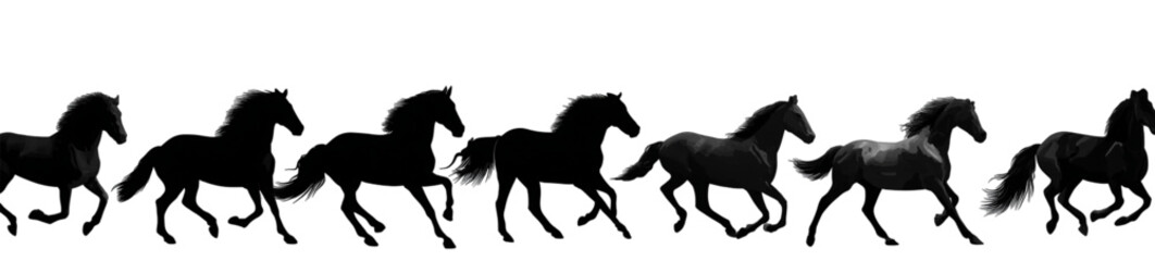 Running horse silhouette animation frames on white background.