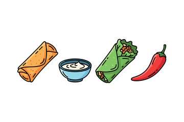 Variety of delicious mexican foods: burrito, sauce, wrap, and pepper. Colorful icons set illustrated