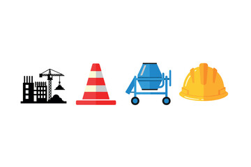 Construction icons featuring building, cone, mixer, and hard hat. Colorful icons set illustrated