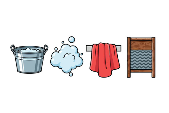 Vintage laundry tools: metal bucket, soap bubbles, red towel, wooden washboard illustration. Colorful icons set illustrated