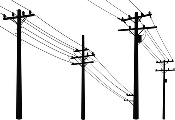 Silhouette utility poles, electricity distribution network, power line perspective, transformers and insulators, urban energy grid, electrical infrastructure, industrial skyline, interconnected system