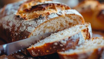 Close-up of a Freshly Baked, Crusty Loaf of Bread with Slices and a Knife