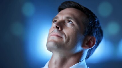 Serene Man Looking Up at Shining Light
