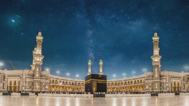 View of sacred religious perspective in Mecca. The Kaaba in the Haram mosque with night and shooting stars animated