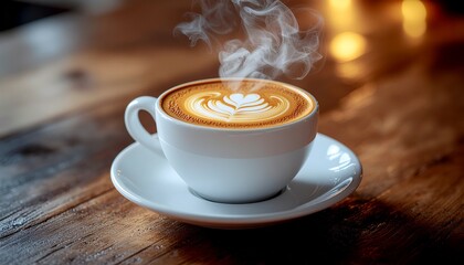 Steaming coffee art in a white cup and saucer on a wooden surface, close-up shot
