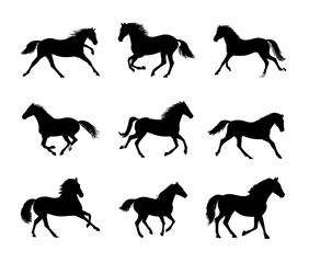 Set of nine dynamic horse silhouettes in various running and galloping poses.