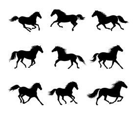 Set of nine black horse silhouettes in various running and galloping poses.
