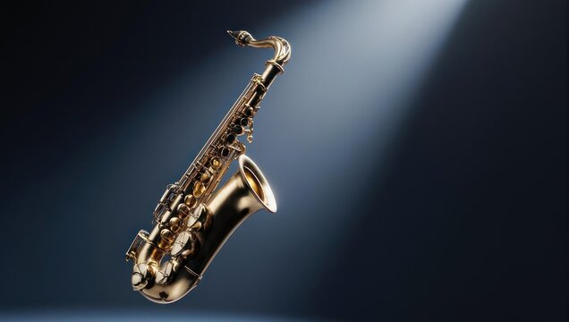 A gleaming golden saxophone bathed in a spotlight against a deep, dark blue background