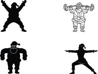 Santa Claus silhouette set with fitness, celebration, yoga, and strength poses, black vector illustration highlighting holiday fun, motion, and festive character design