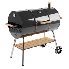 Classic black charcoal barbecue grill with wooden shelves and wheels