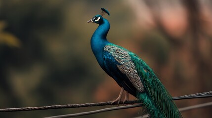 Obraz premium A vibrant peacock perched gracefully on a wire against a blurred natural backdrop outdoors in daytime