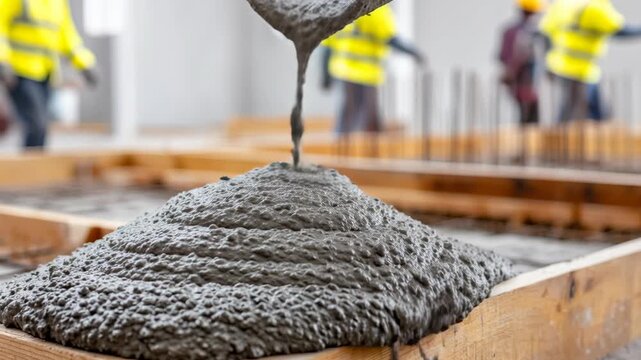 Fresh concrete flows from a chute into wooden formwork on a construction site, with workers in the background.