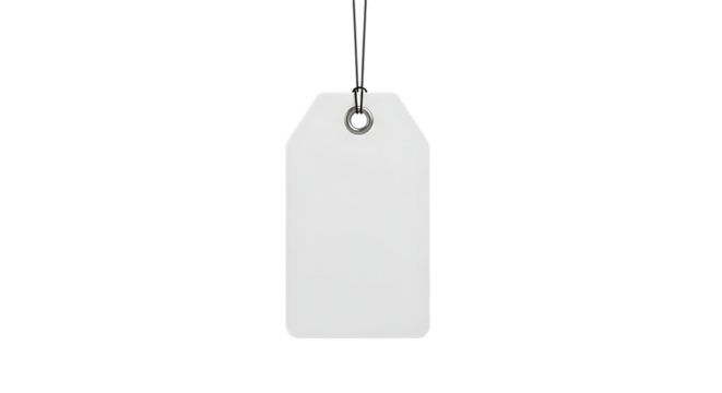 A blank white price tag hanging by a string isolated on transparent background