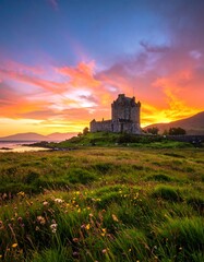 Scottish Highland Castle at Sunset.