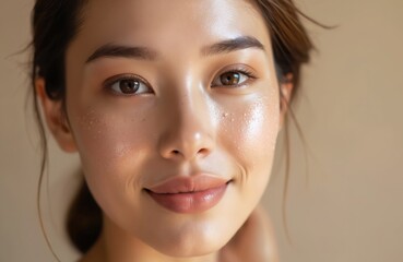 Naklejka premium Asian woman, glowing skin, dewy complexion, hydrating mask. She has glossy lips and closed eye, serene facial expression. Soft lighting highlights texture.