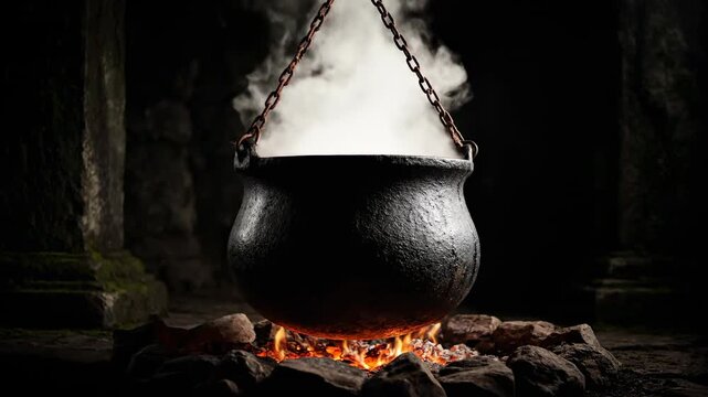 A majestic old cauldron suspended over a glowing ember fire, releasing dense, white steam into a dark, moody environment fire, fireplace, rustic