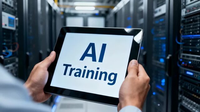 A person holds a tablet with "AI Training" displayed in a data center, symbolizing advanced learning in technology.