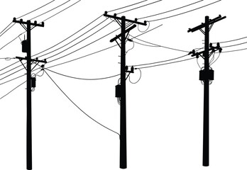 Silhouette utility poles, power line network, electricity distribution system, transformers and insulators, urban energy infrastructure, electrical grid, industrial skyline, interconnected cables