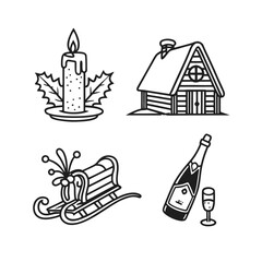 Vintage rustic christmas icons featuring candle cabin christmas tree and guitar isolated on transparent background