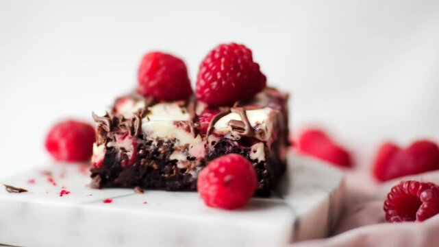 of a delicious slice of dessert showcasing a brownie layered with white cream and raspberry filling, finished with dark chocolate drizzle and fresh raspberries, all on a marble surface.