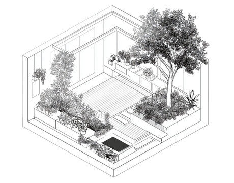 Isometric Architectural Line Drawing of a Modern Courtyard Garden.