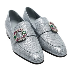 Elegant silver embossed loafers with jeweled buckles on black background