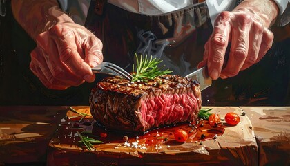 A close-up painting of a cooked steak being cut with a fork and knife by a person. Rosemary and tomatoes surround it