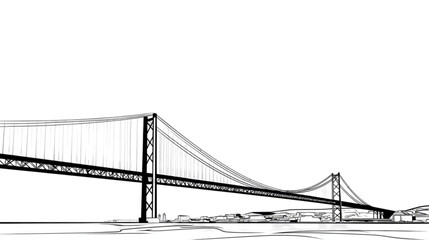 Obraz premium Black and white line art illustration of a large suspension bridge.
