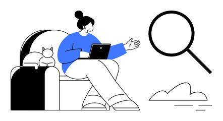 Woman sitting on couch with laptop beside a cat, gesturing thoughtfully magnifying glass signifies observation, analysis, learning, and exploration. Ideal for education, research, creativity