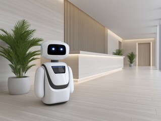Friendly robot assistant standing in a modern reception area with wooden accents and potted plants, showcasing futuristic technology and welcoming atmosphere