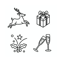 Festive christmas icons set reindeer gift holly and champagne toast celebration isolated on transparent background