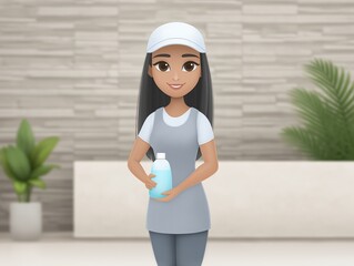 Young woman with long black hair wearing a cap and gray outfit is holding a bottle of water in a modern interior space with plants and a minimalist design