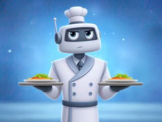 Robot chef character in a white uniform, holding two plates of colorful food, showcasing culinary skills in a whimsical kitchen environment with a vibrant blue background