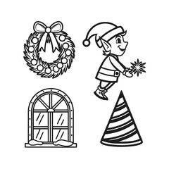 Set of festive christmas icons including wreath ornament window and elf character isolated on transparent background