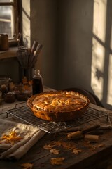 Warm Autumn Kitchen with a Freshly Baked Pie Cooling on a Rustic Wooden Table