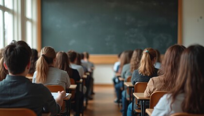 Students sit in classroom rows facing a blackboard. Learners pay attention during lecture. Education, study and learning process in university.